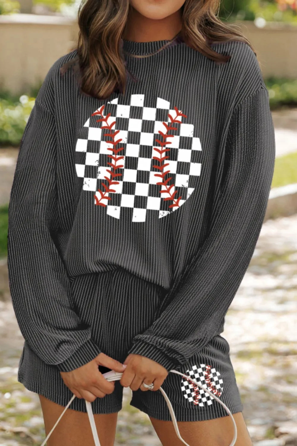 Corded Checkerboard Baseball Graphic Long Sleeve Top and Shorts Set – Trendsi | ClozArt
