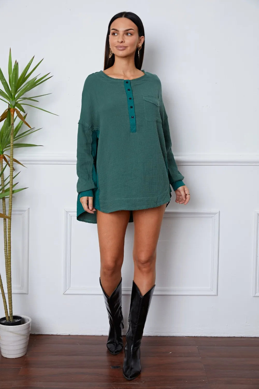 Half Button Up Round Neck Blouse – Trendsi | ClozArt