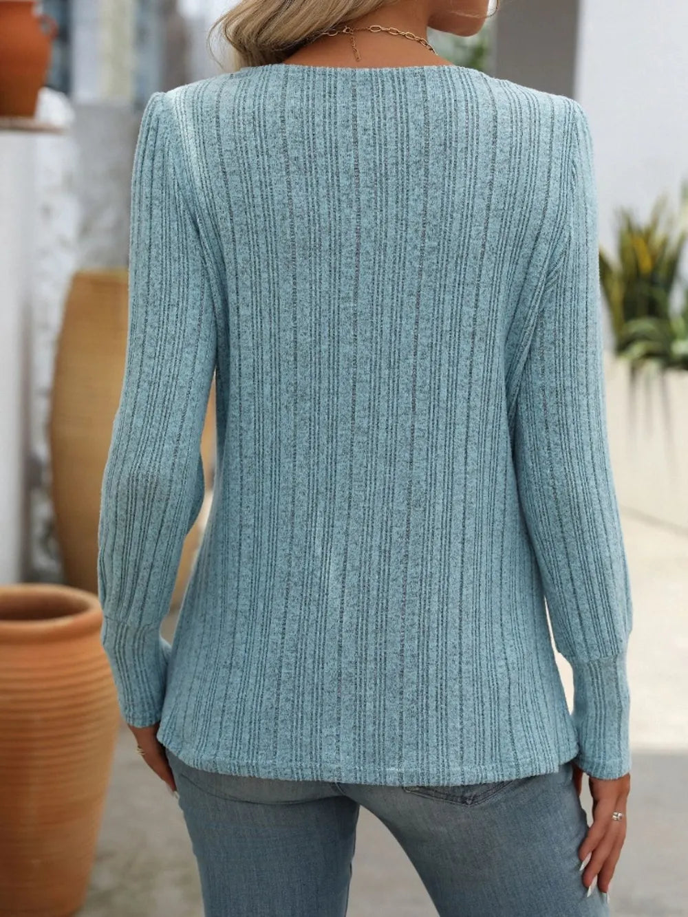 Mandy Decorative Button Striped Square Neck Long Sleeve T-Shirt – Trendsi | ClozArt