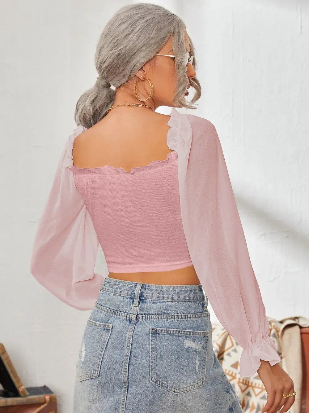 Mesh Sweetheart Neck Flounce Sleeve Top – Trendsi | ClozArt