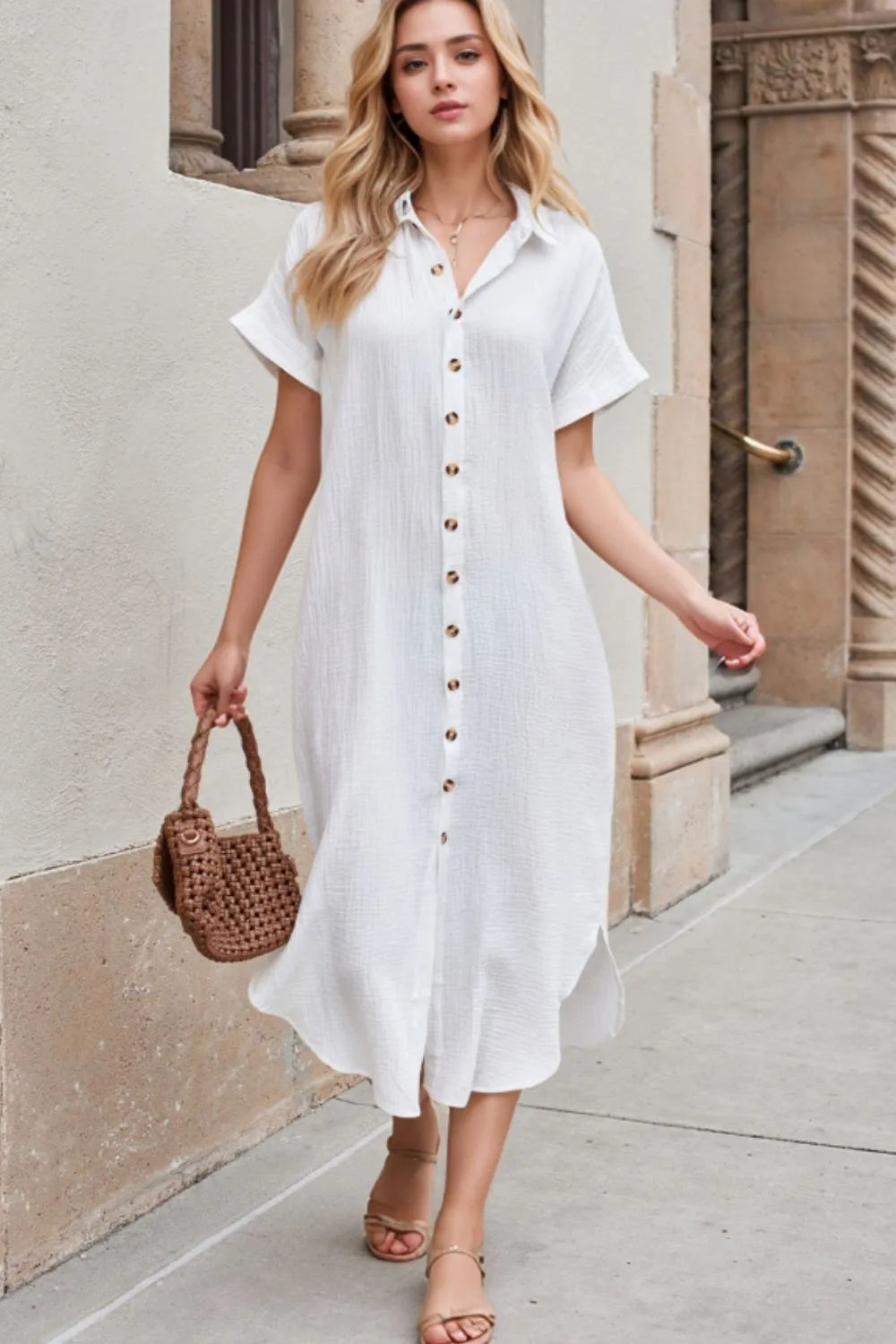 Button Down Short Sleeve Midi Shirt Dress – Trendsi | ClozArt
