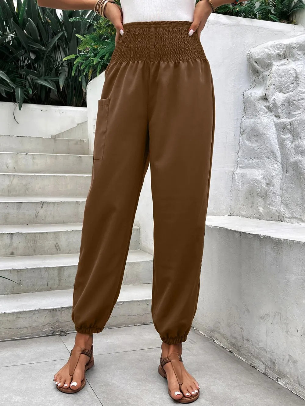 Smocked High Rise Joggers with Pockets – Trendsi | ClozArt