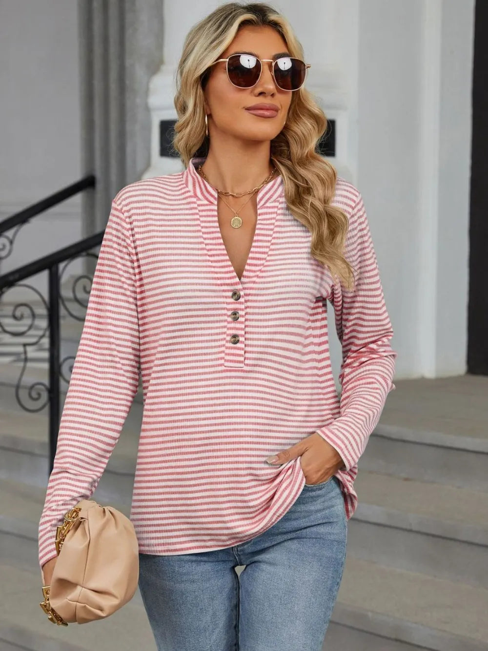 Striped Notched Long Sleeve T-Shirt – Trendsi | ClozArt