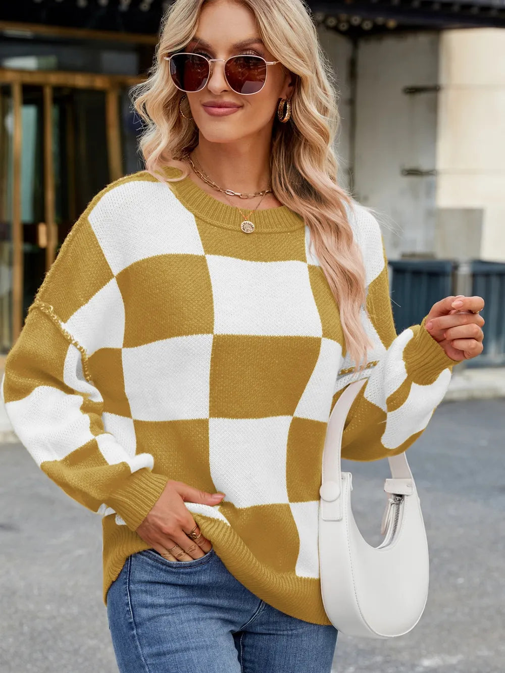 Checkered Round Neck Long Sleeve Sweater – Trendsi | ClozArt
