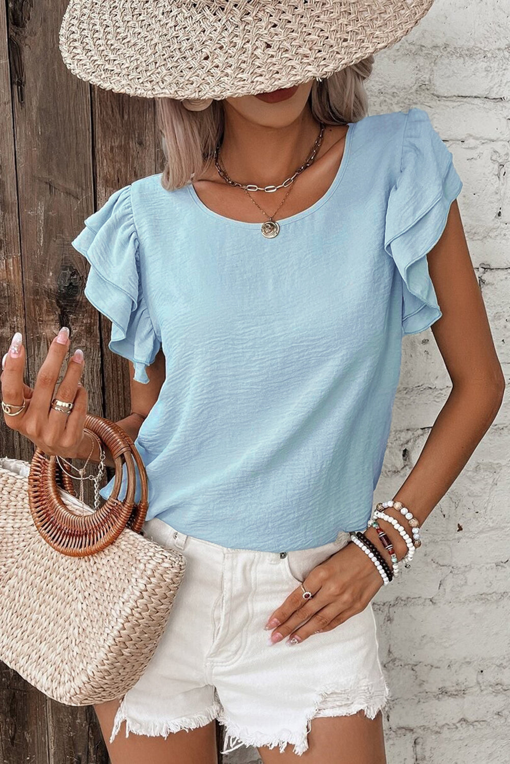 Mist Blue Solid Color Ruffle Sleeve Crinkled Blouse – Shewin | ClozArt