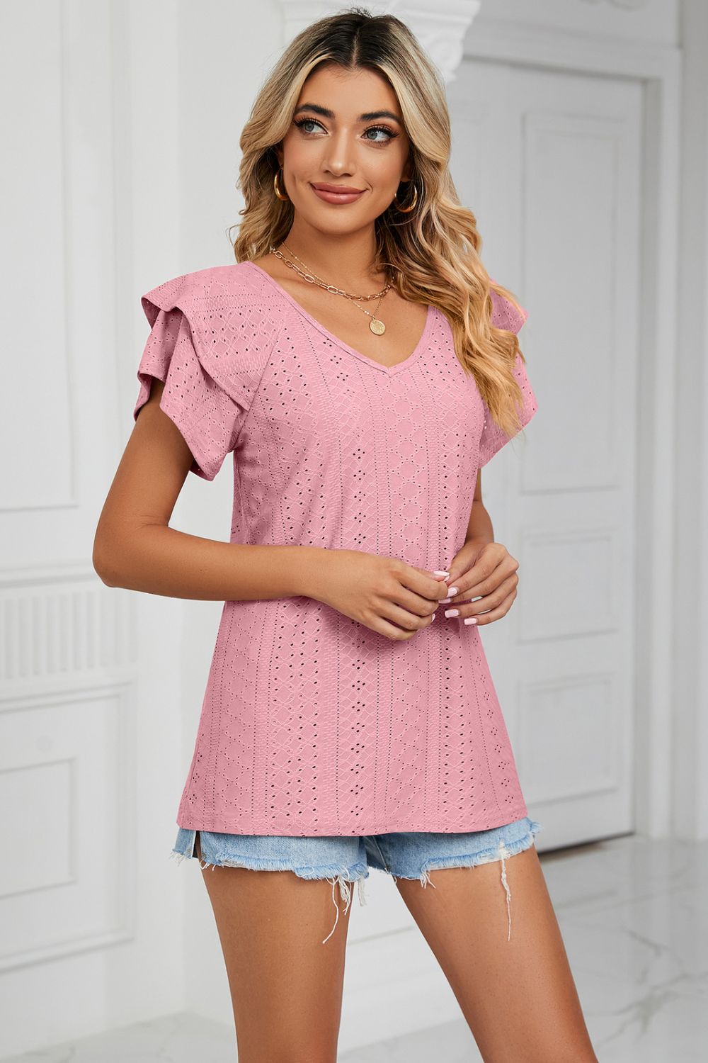 Eyelet Layered Flutter Sleeve V-Neck Knit Top – Trendsi | ClozArt