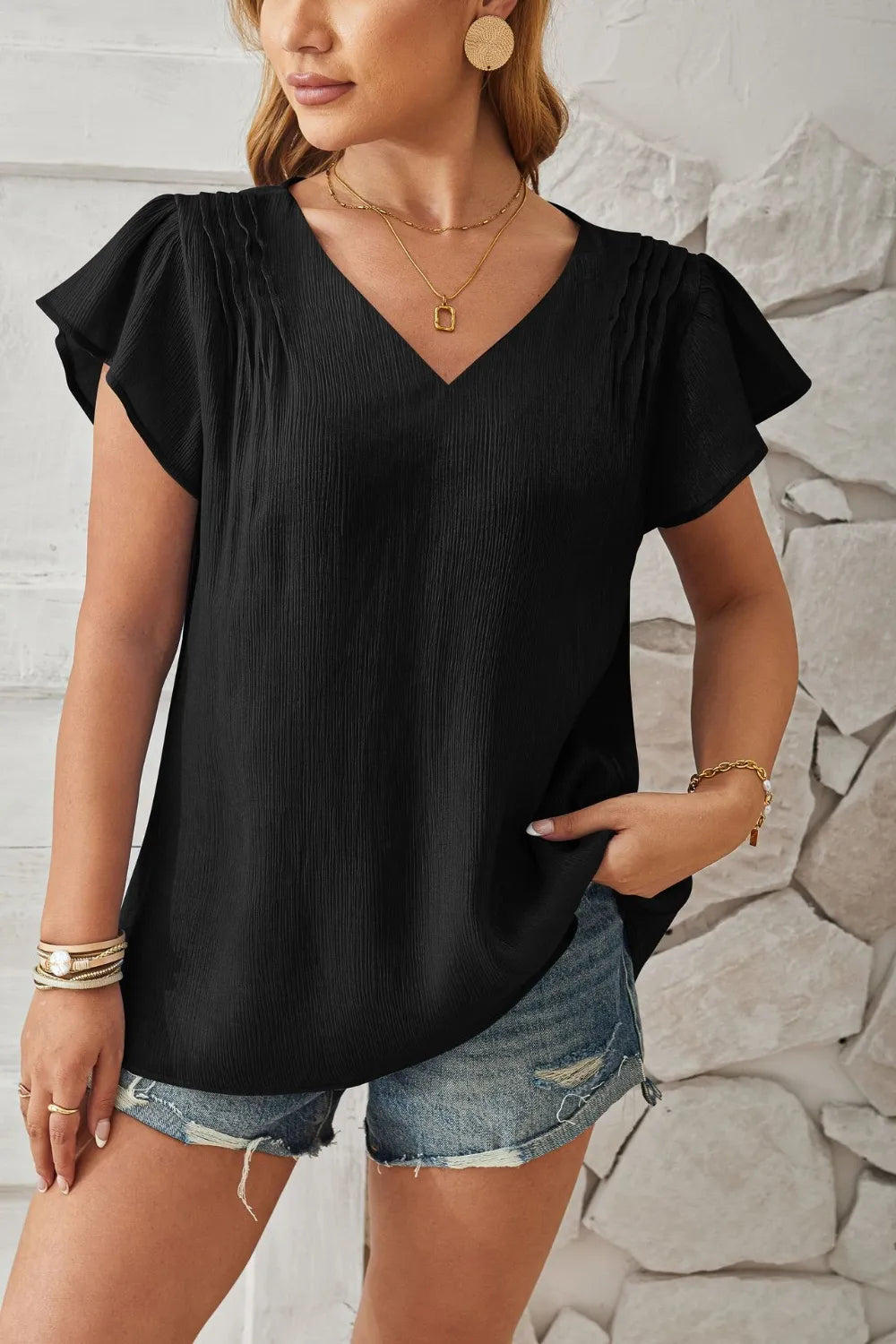 V-Neck Flutter Sleeve T-Shirt – Trendsi | ClozArt