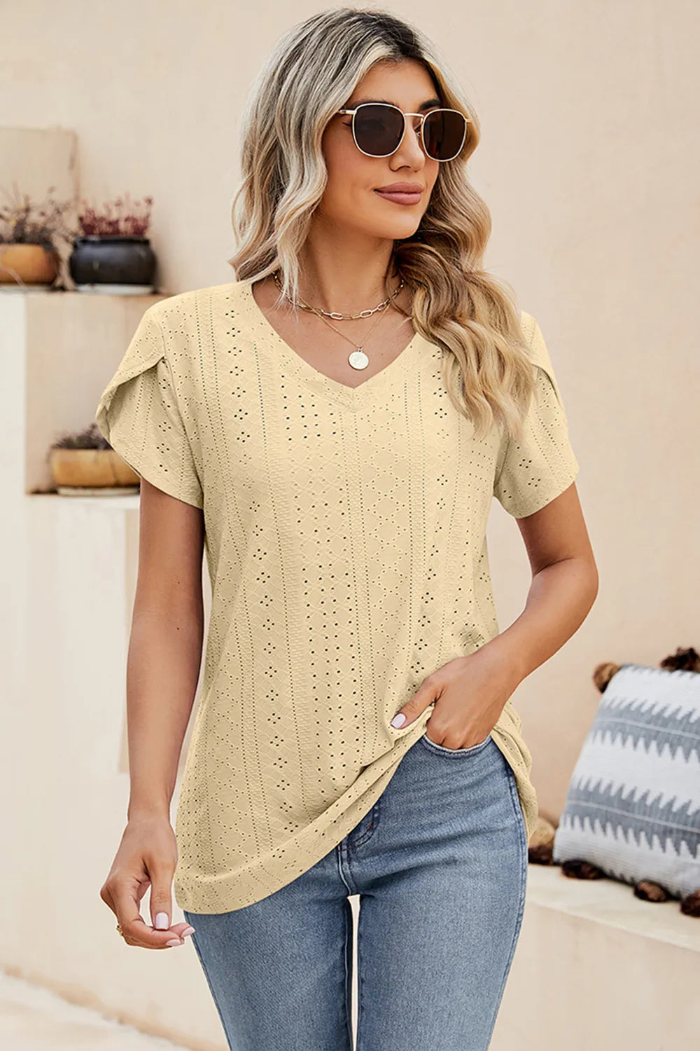 Eyelet V-Neck Petal Sleeve T-Shirt – Trendsi | ClozArt