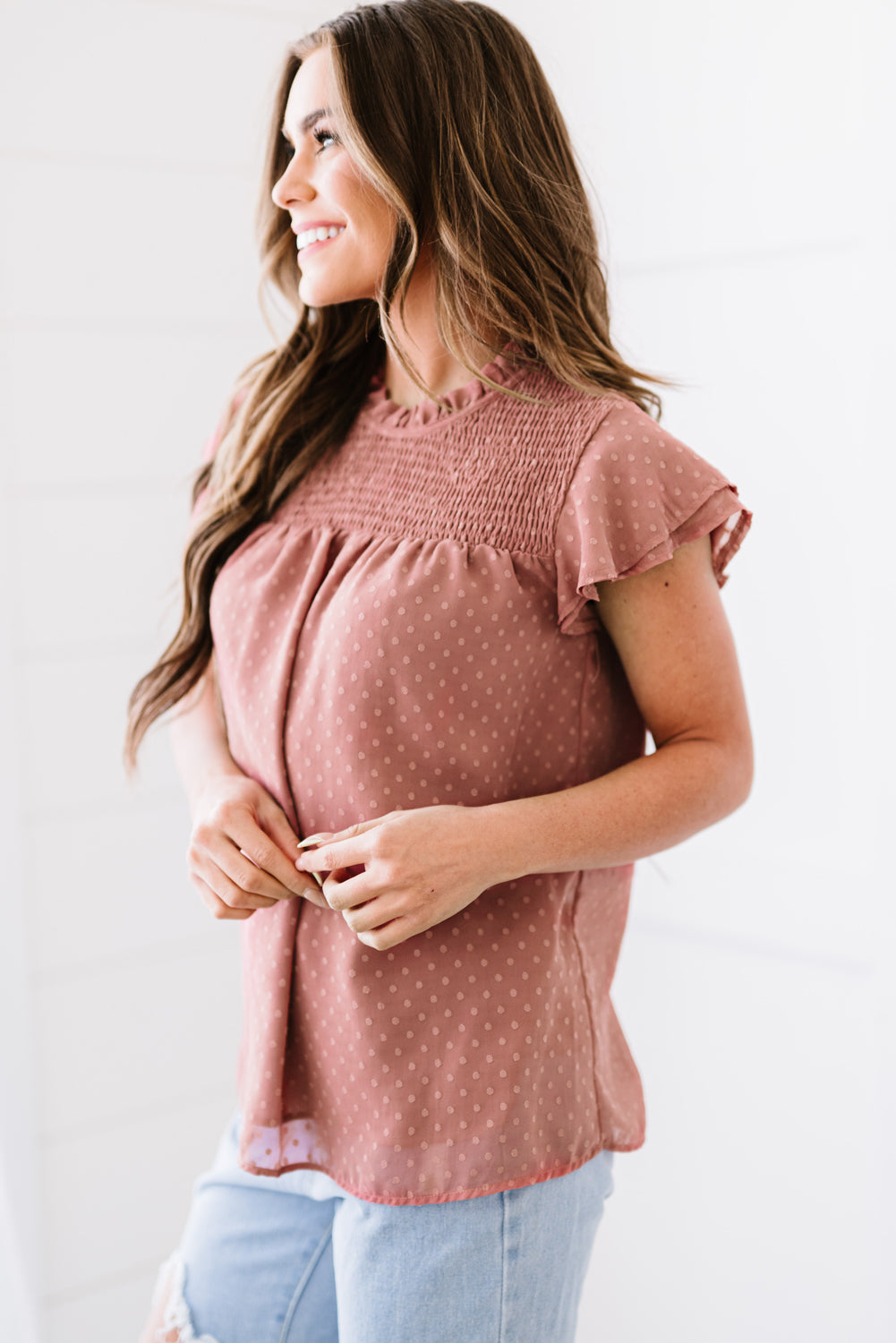Polka Dot Smocked Flutter Sleeve Blouse – Trendsi | ClozArt