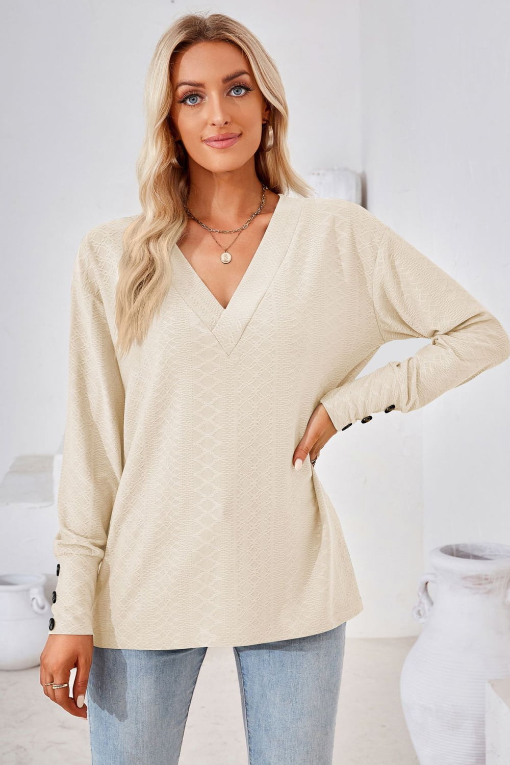 V-Neck Long Sleeve Blouse – Trendsi | ClozArt