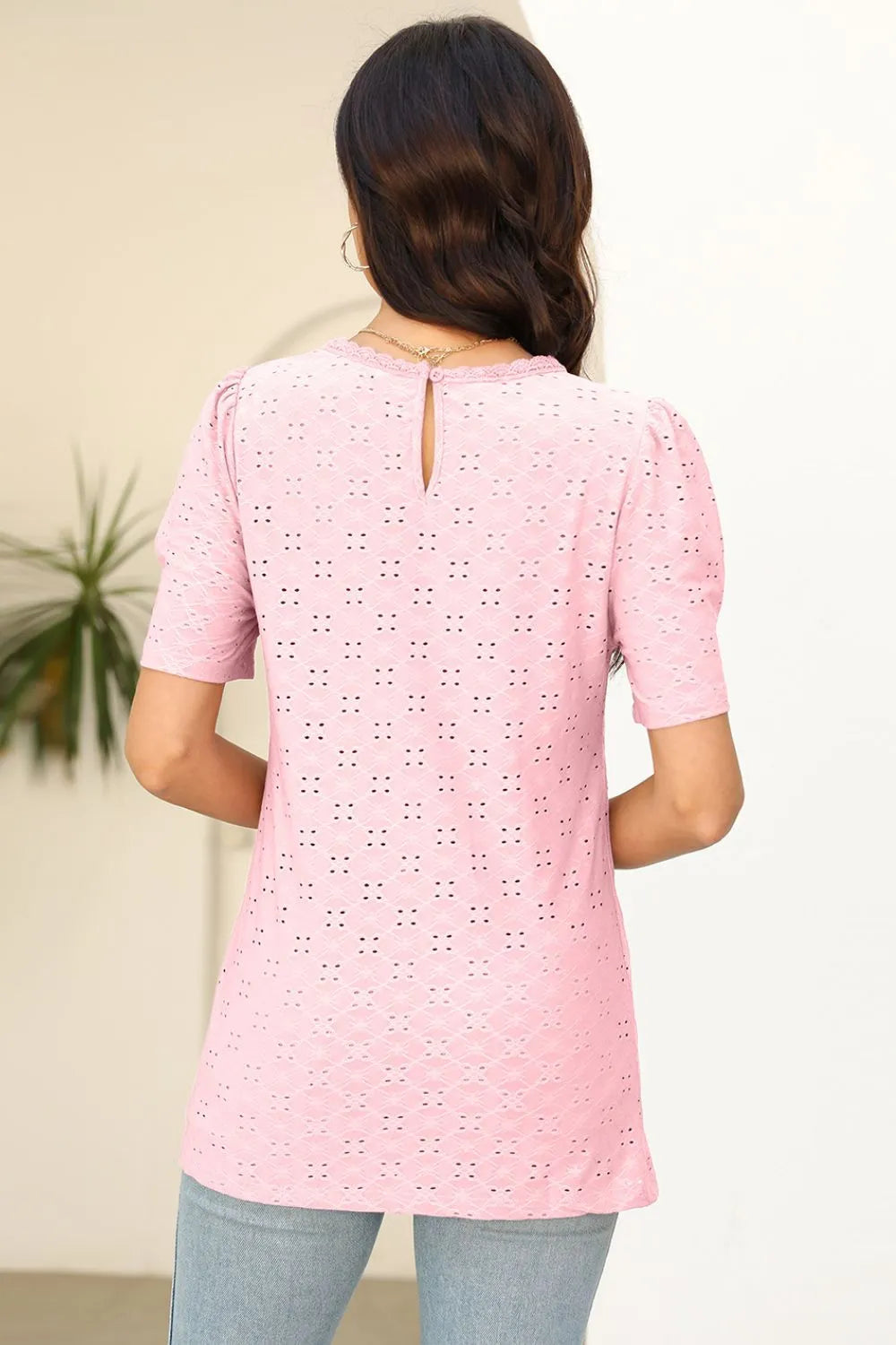 Eyelet Round Neck Short Sleeve T-Shirt – Trendsi | ClozArt