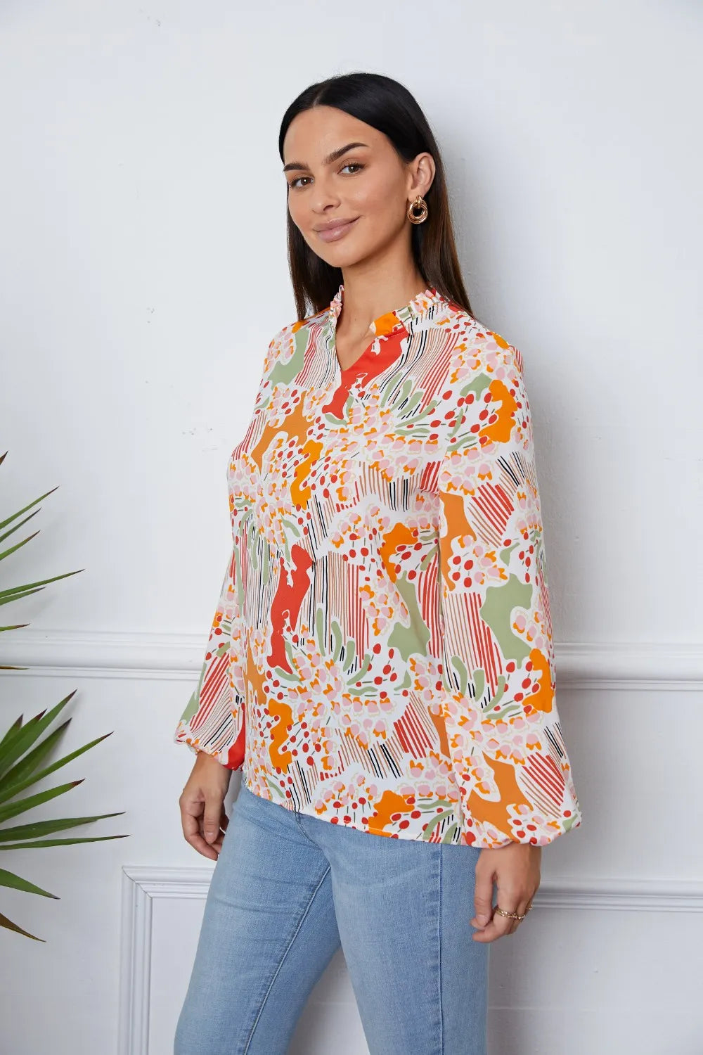 Floral Frill Notched Long Sleeve Blouse – Trendsi | ClozArt