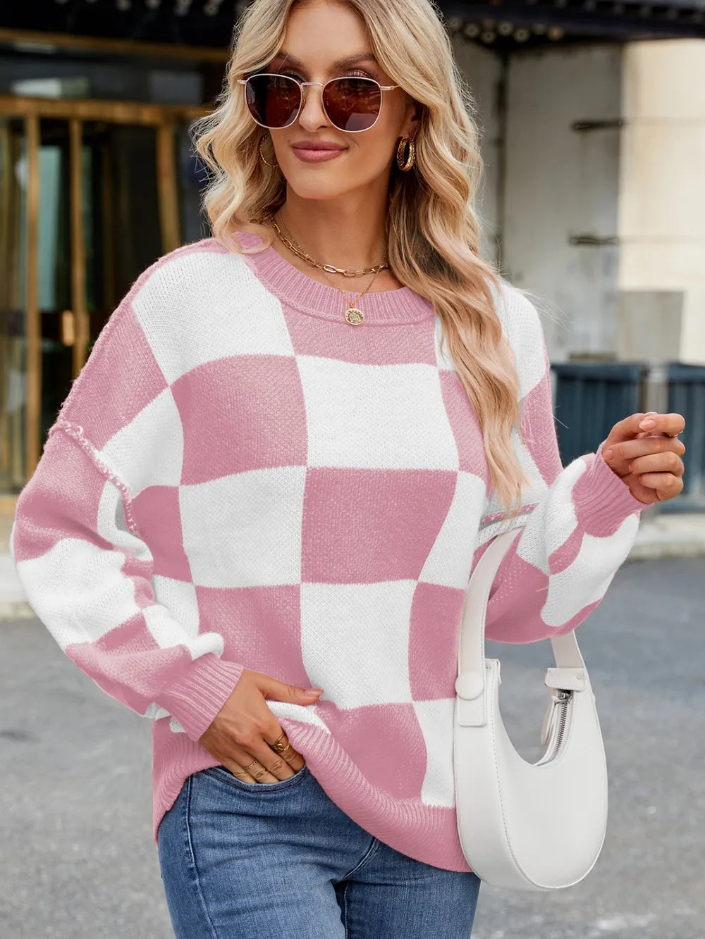 Checkered Round Neck Long Sleeve Sweater – Trendsi | ClozArt