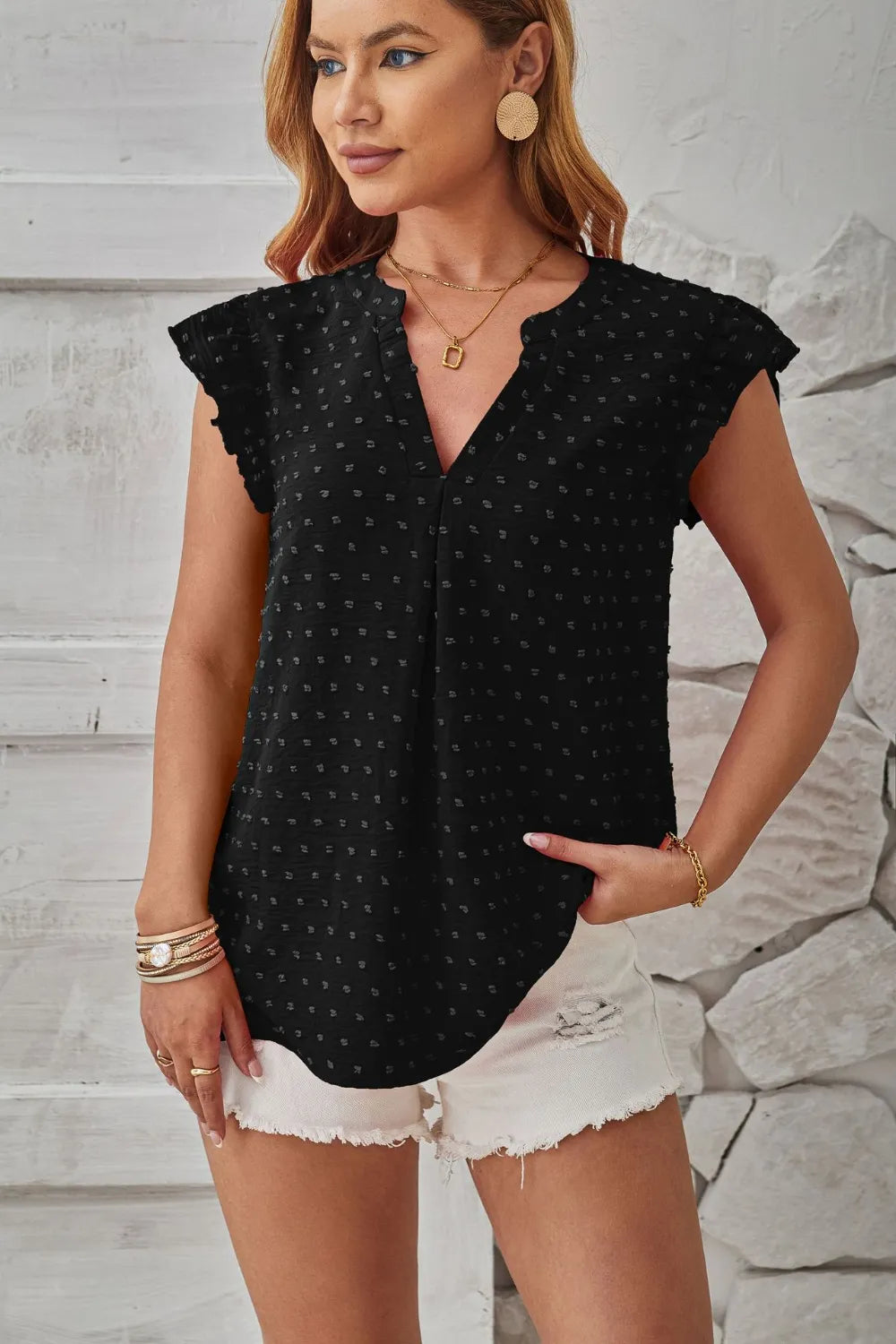 Swiss Dot Ruffled Cap Sleeve T-Shirt – Trendsi | ClozArt