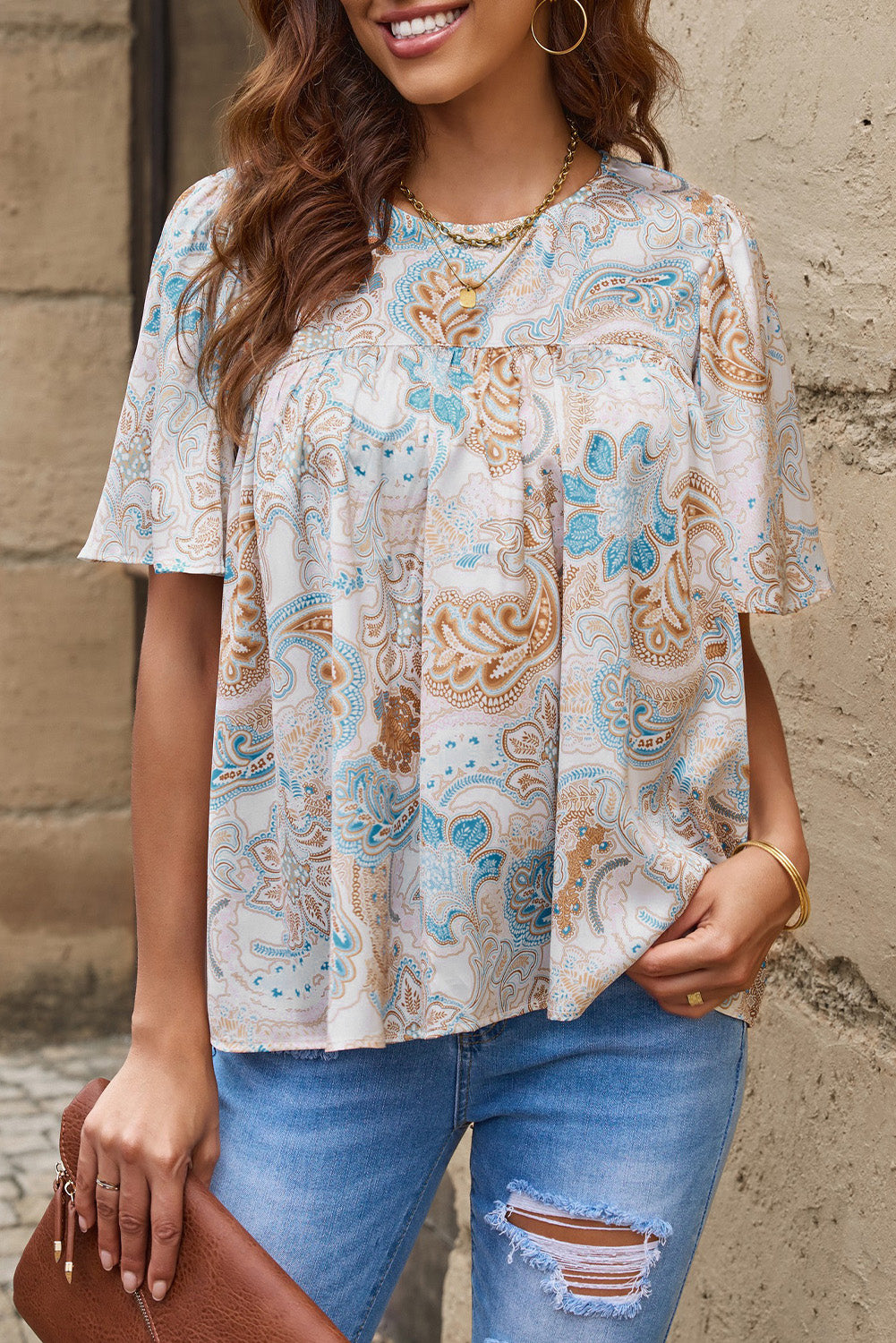 Printed Round Neck Short Sleeve Blouse – Trendsi | ClozArt