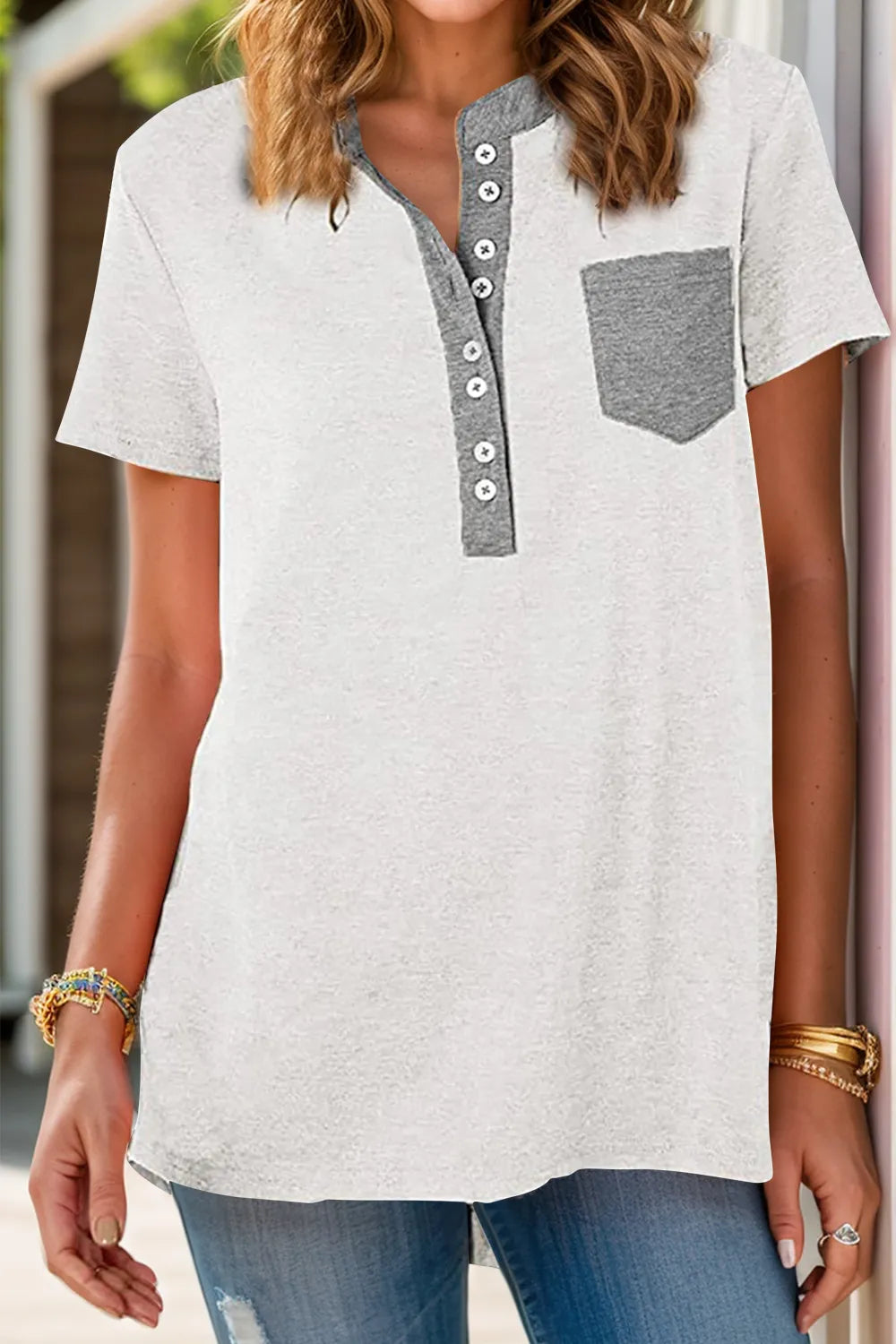 Full Size Half Button Short Sleeve T-Shirt – Trendsi | ClozArt