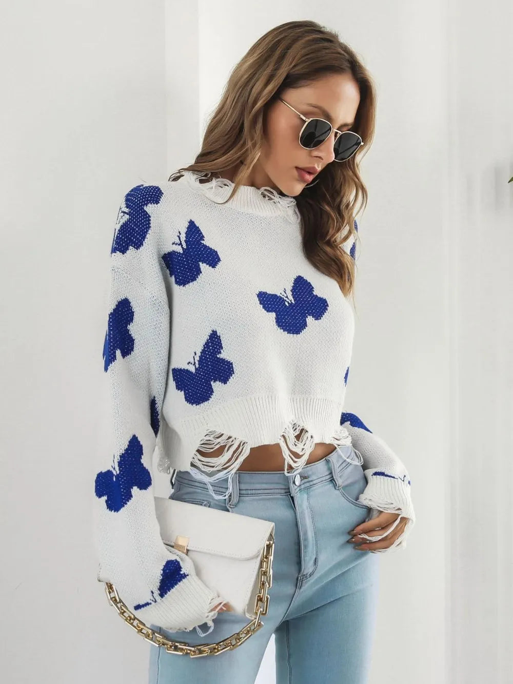 Distressed Butterfly Cropped Sweater – Trendsi | ClozArt