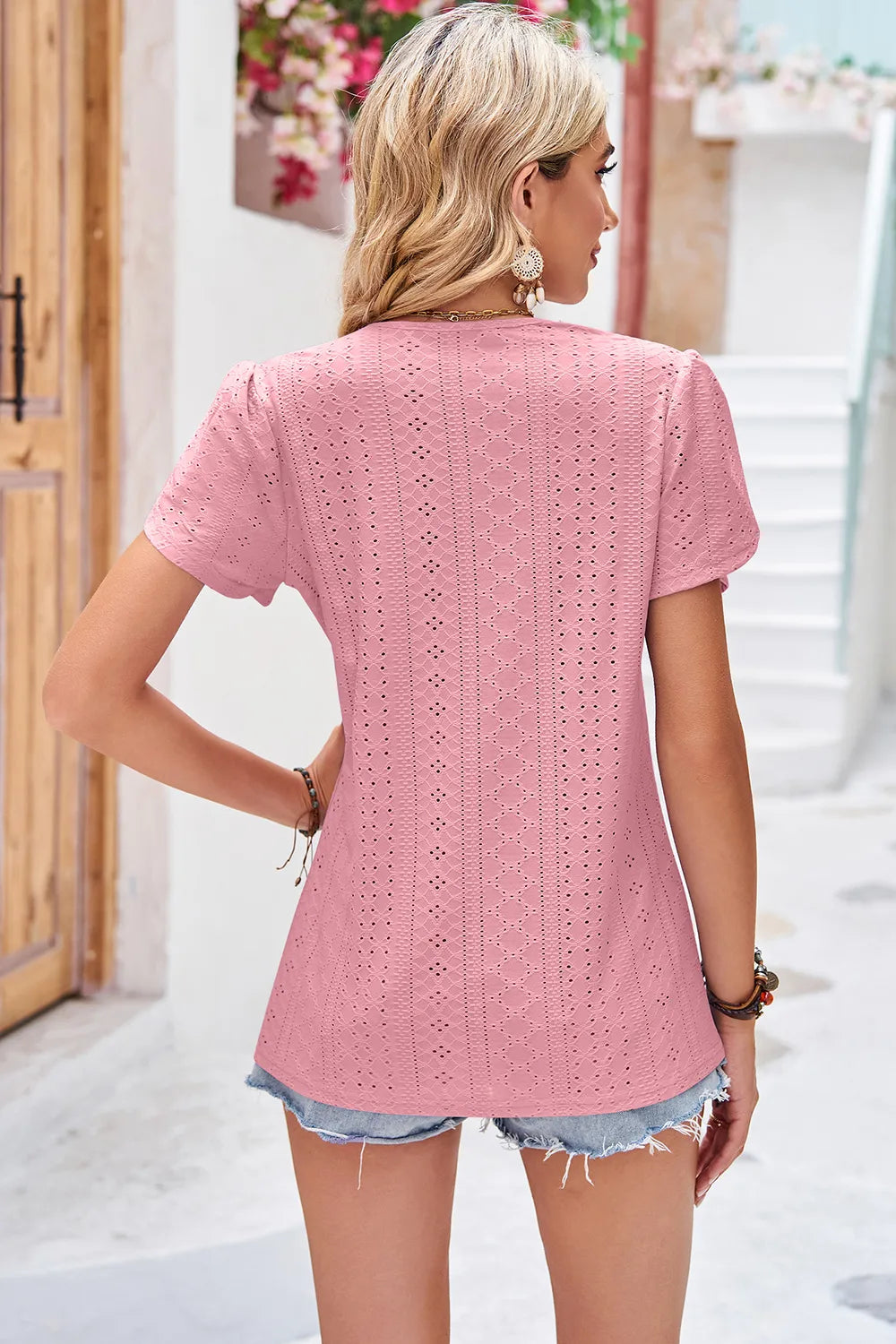 Eyelet V-Neck Petal Sleeve T-Shirt – Trendsi | ClozArt