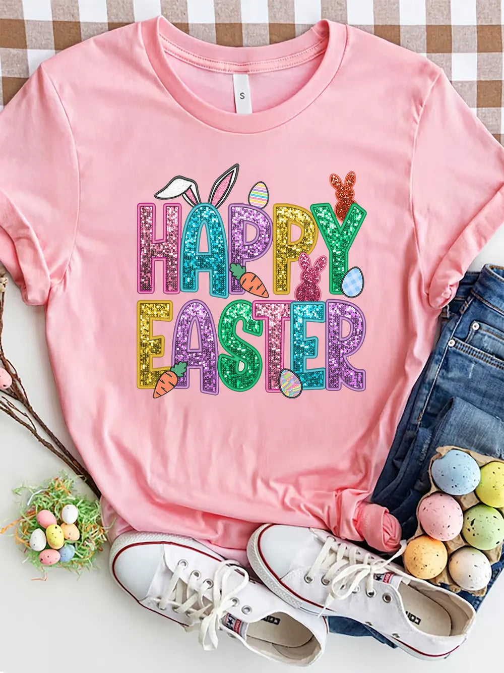 HAPPY EASTER Round Neck Short Sleeve T-Shirt – Trendsi | ClozArt
