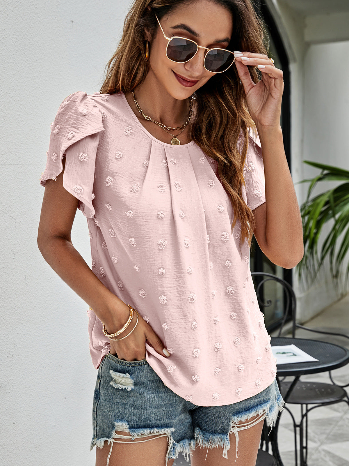 Swiss Dot Round Neck Petal Sleeve Top – Trendsi | ClozArt