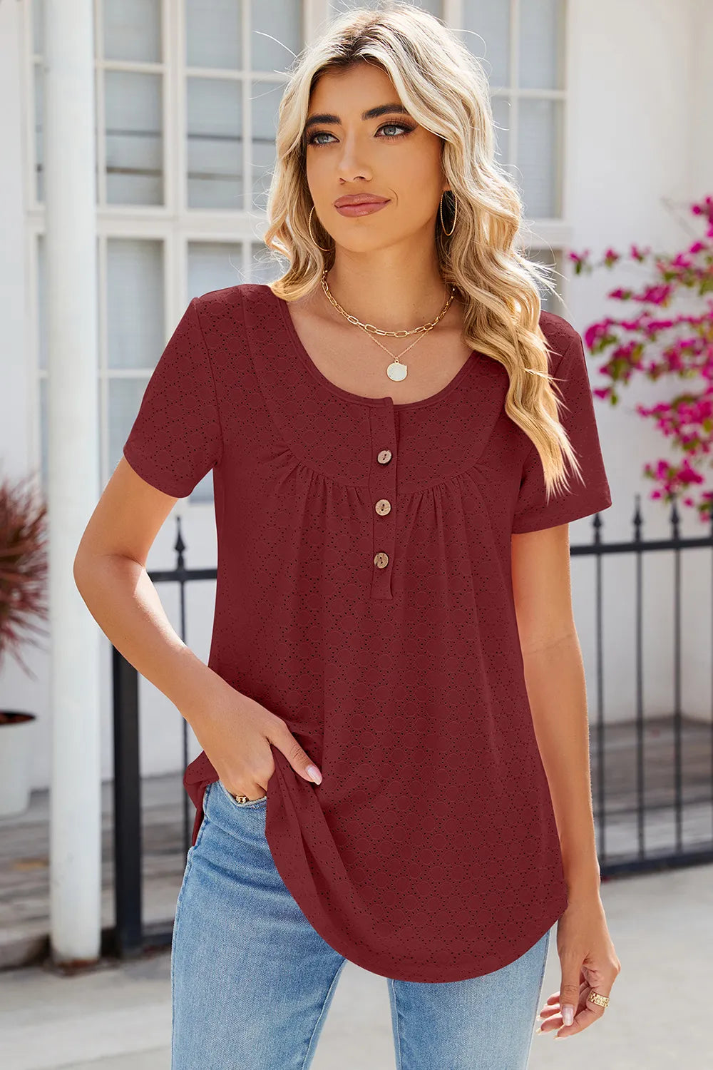 Eyelet Quarter Button Short Sleeve T-Shirt – Trendsi | ClozArt