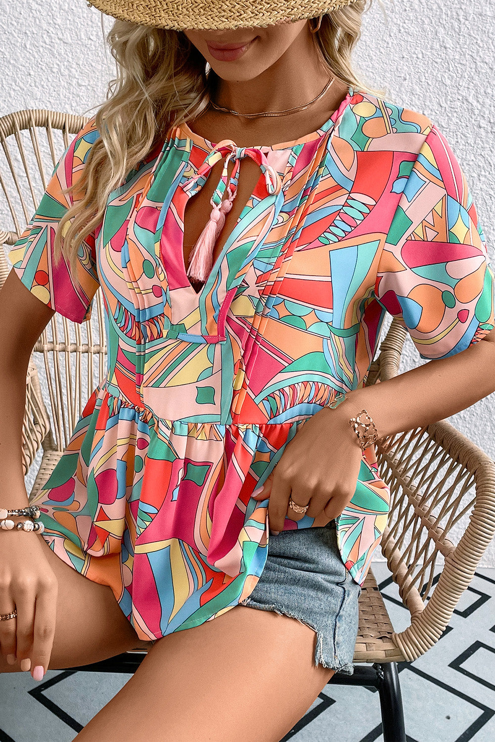 Printed Tie Neck Short Sleeve Blouse – Trendsi | ClozArt