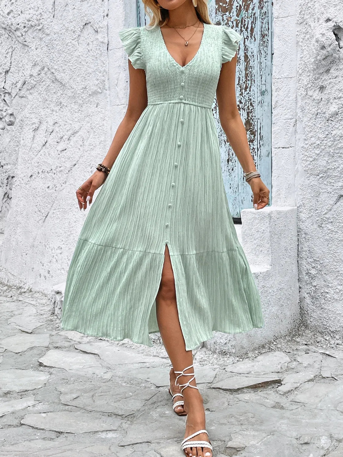 V-Neck Ruffled Cap Sleeve Dress – Trendsi | ClozArt