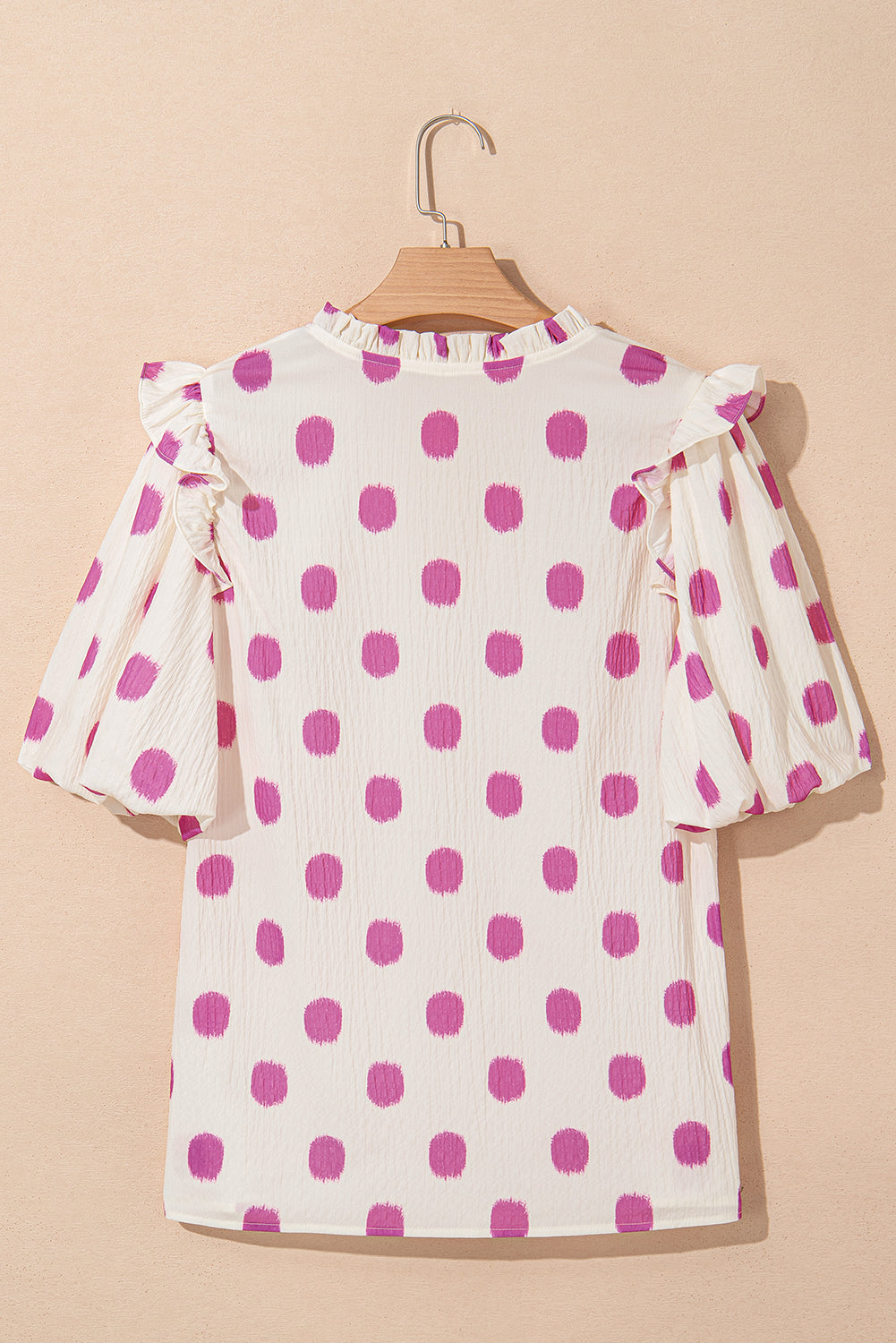 Black Polka Dot Print Smocked Notched Neck Balloon Sleeve Blouse – Shewin | ClozArt