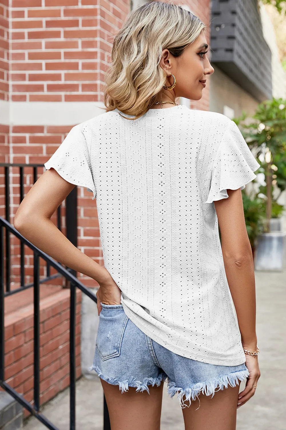 Eyelet V-Neck Flutter Sleeve T-Shirt – Trendsi | ClozArt