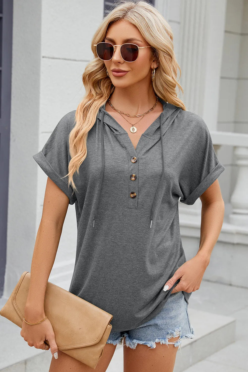 Half Button Drawstring Short Sleeve Hooded T-Shirt – Trendsi | ClozArt