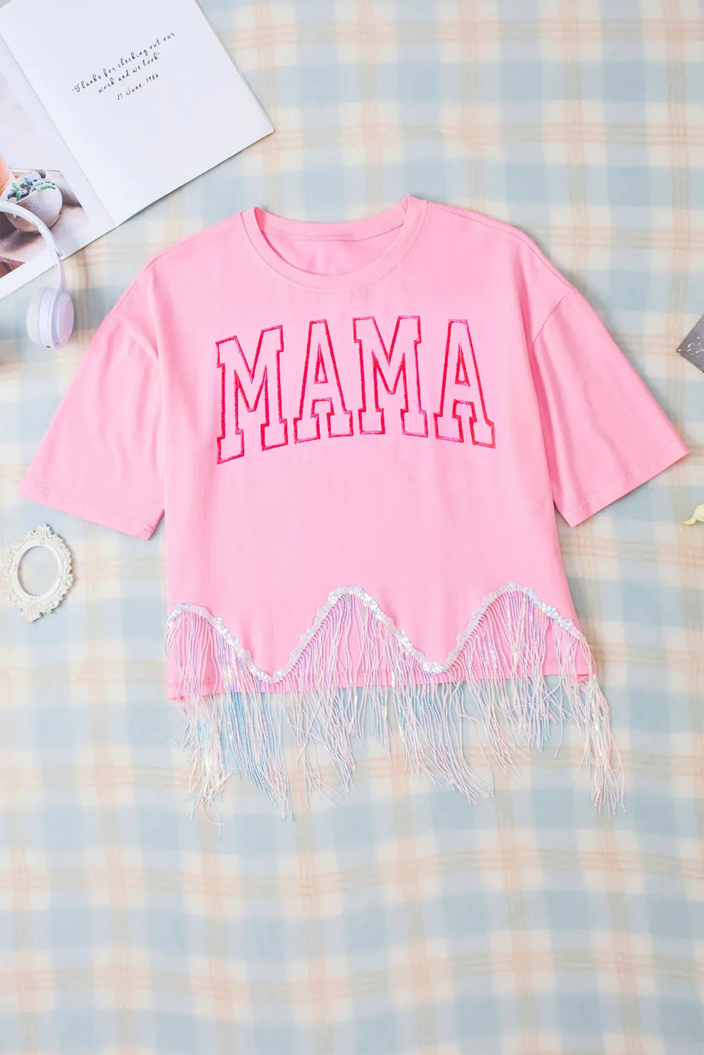 MAMA Sequin Fringe Round Neck T-Shirt – Trendsi | ClozArt