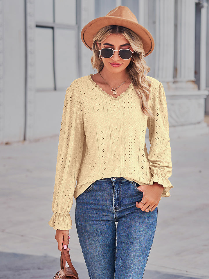 Eyelet V-Neck Flounce Sleeve Blouse – Trendsi | ClozArt