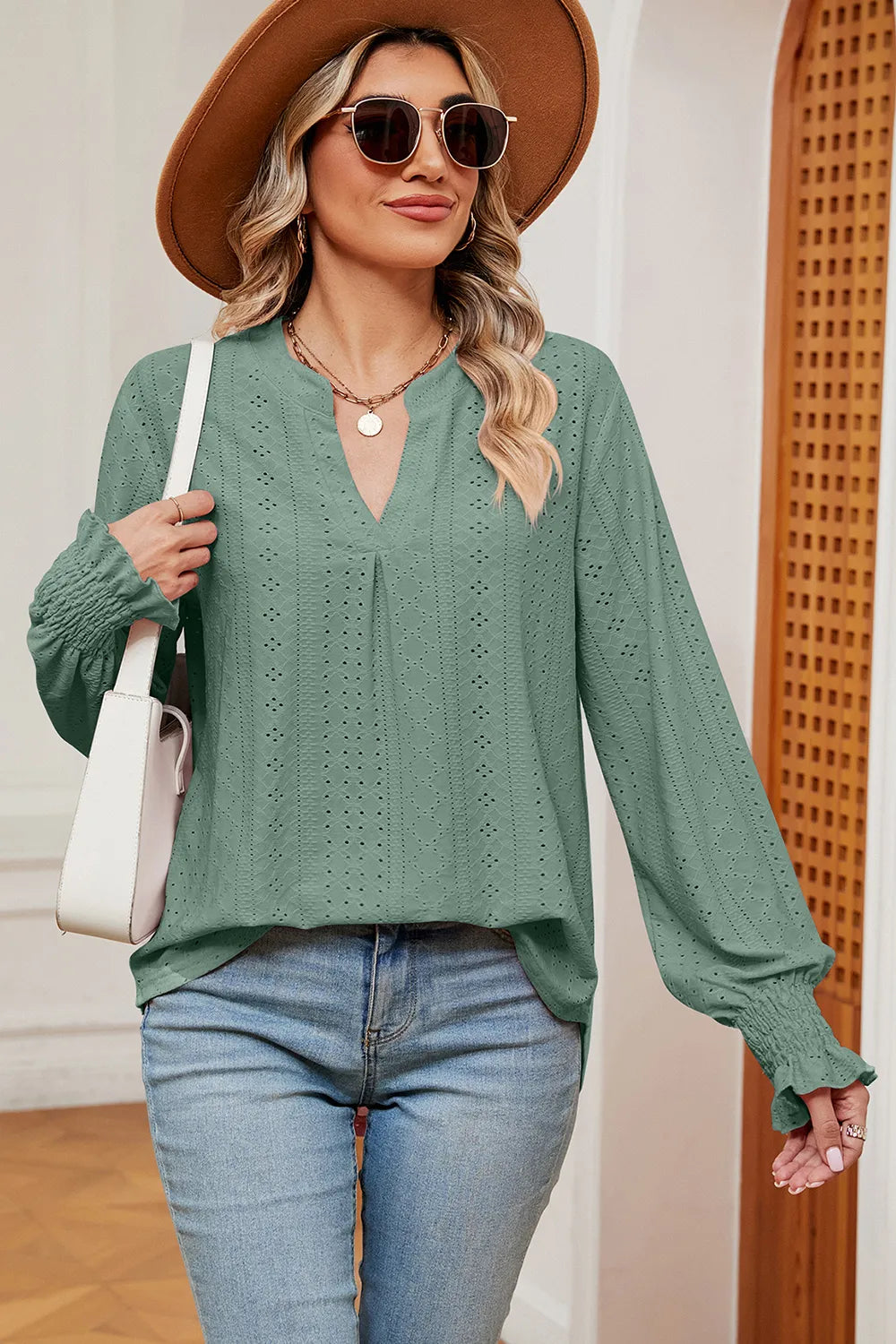 Eyelet Notched Long Sleeve T-Shirt – Trendsi | ClozArt