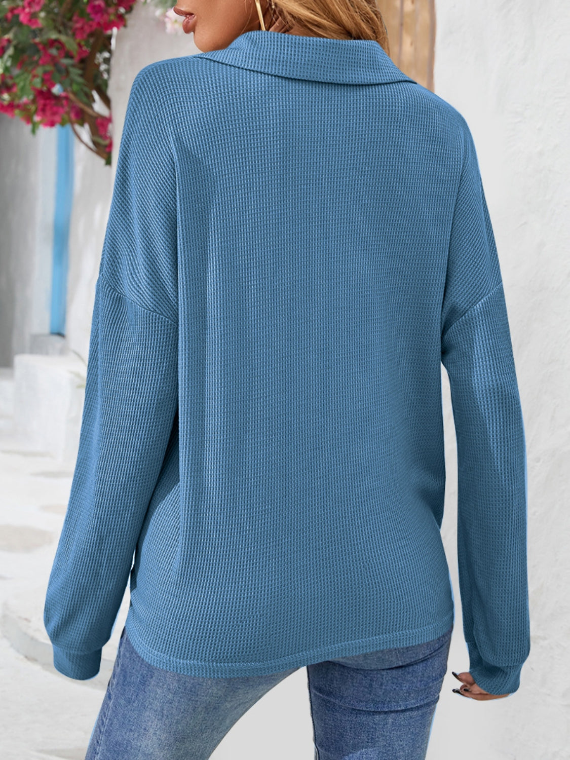 Half Button Collared Neck Long Sleeve Top – Trendsi | ClozArt
