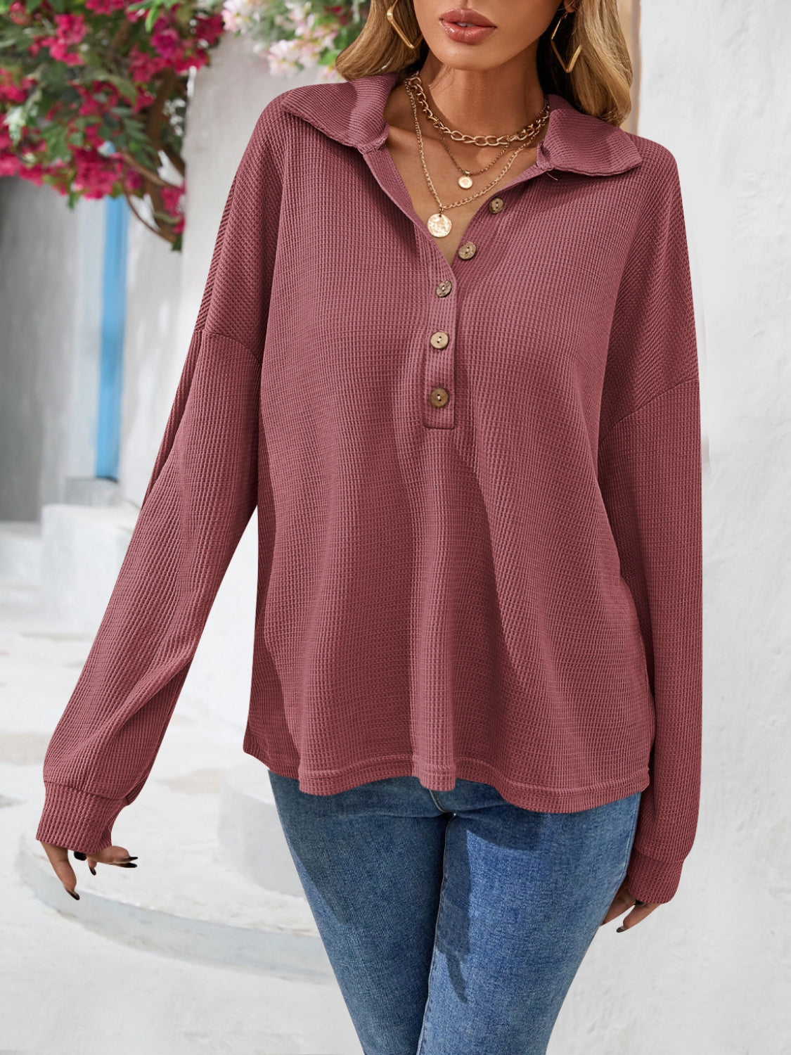 Half Button Collared Neck Long Sleeve Top – Trendsi | ClozArt