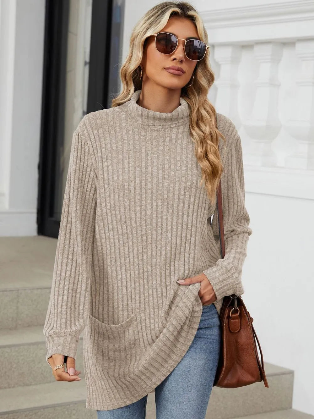 Ribbed Mock Neck Long Sleeve T-Shirt – Trendsi | ClozArt