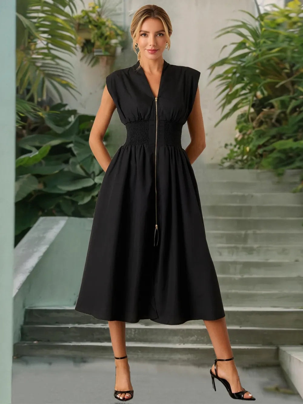 Smocked Zip Front Cap Sleeve Dress – Trendsi | ClozArt