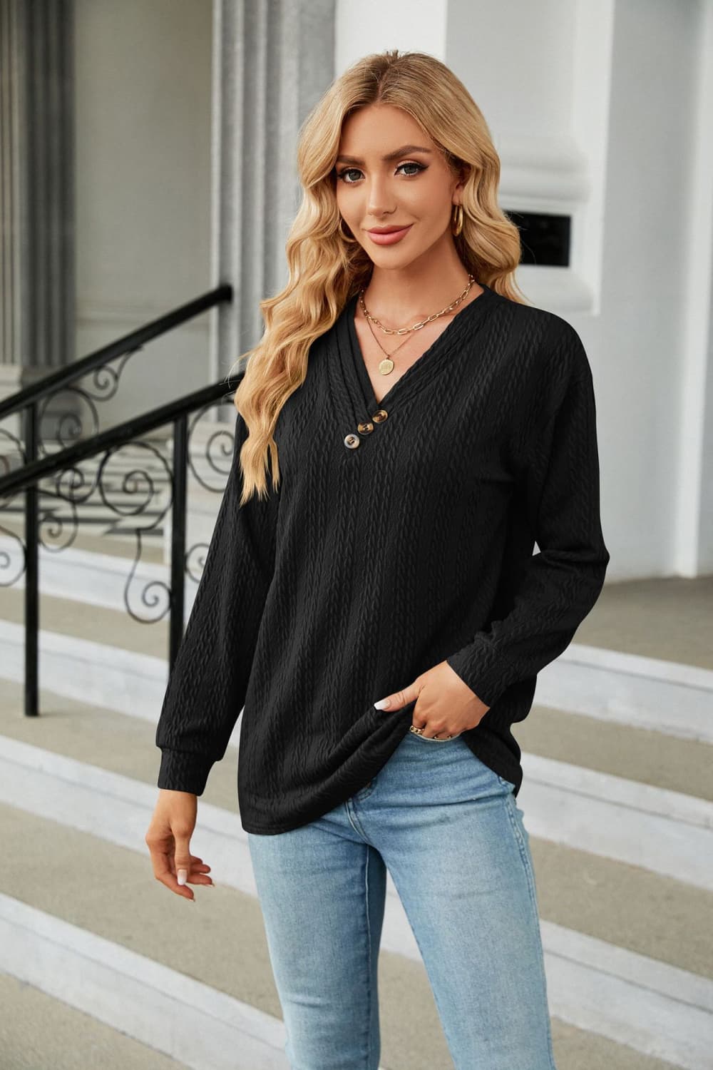 Decorative Button V-Neck Long Sleeve T-Shirt – Trendsi | ClozArt