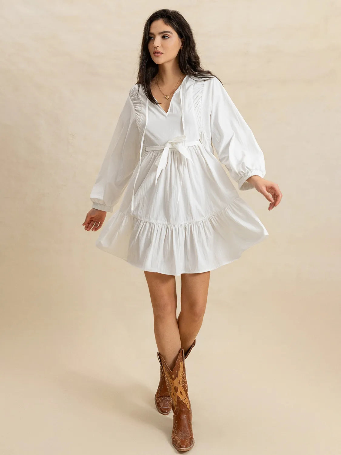 Tiered Tie Neck Long Sleeve Mini Dress – Trendsi | ClozArt