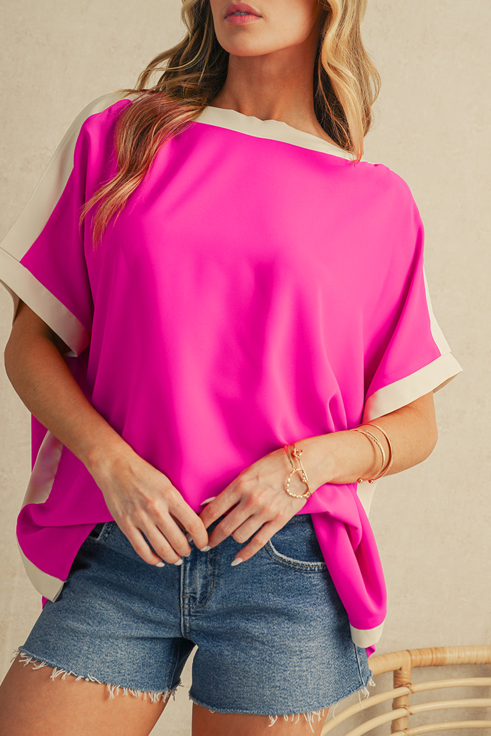 Green Colorblock Batwing Sleeve Boat Neck Blouse – Shewin | ClozArt