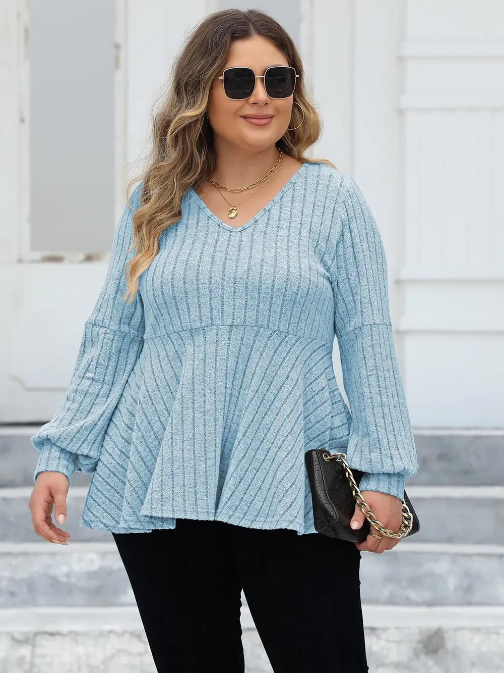 Plus Size Ribbed V-Neck Long Sleeve Blouse – Trendsi | ClozArt