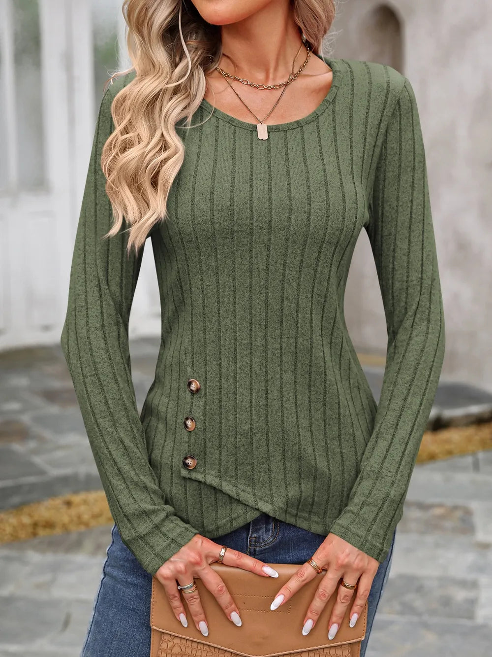 Decorative Button Round Neck Long Sleeve T-Shirt – Trendsi | ClozArt