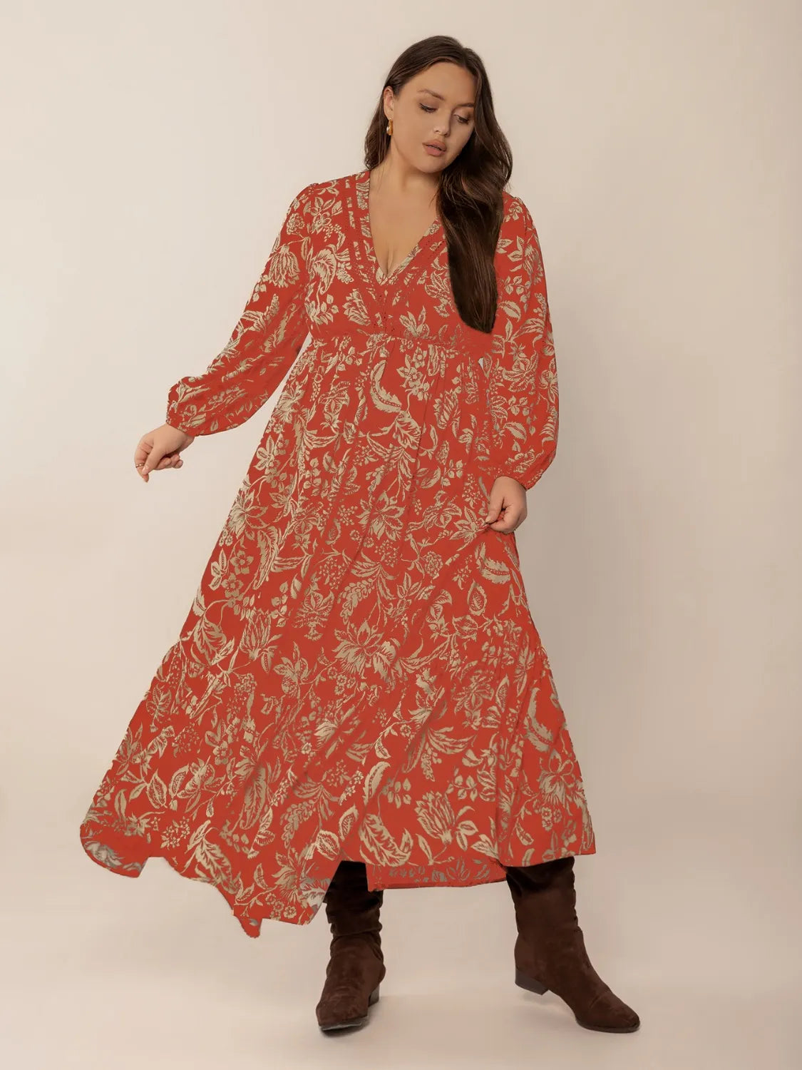 Plus Size Lace Detail Printed Balloon Sleeve Midi Dress – Trendsi | ClozArt