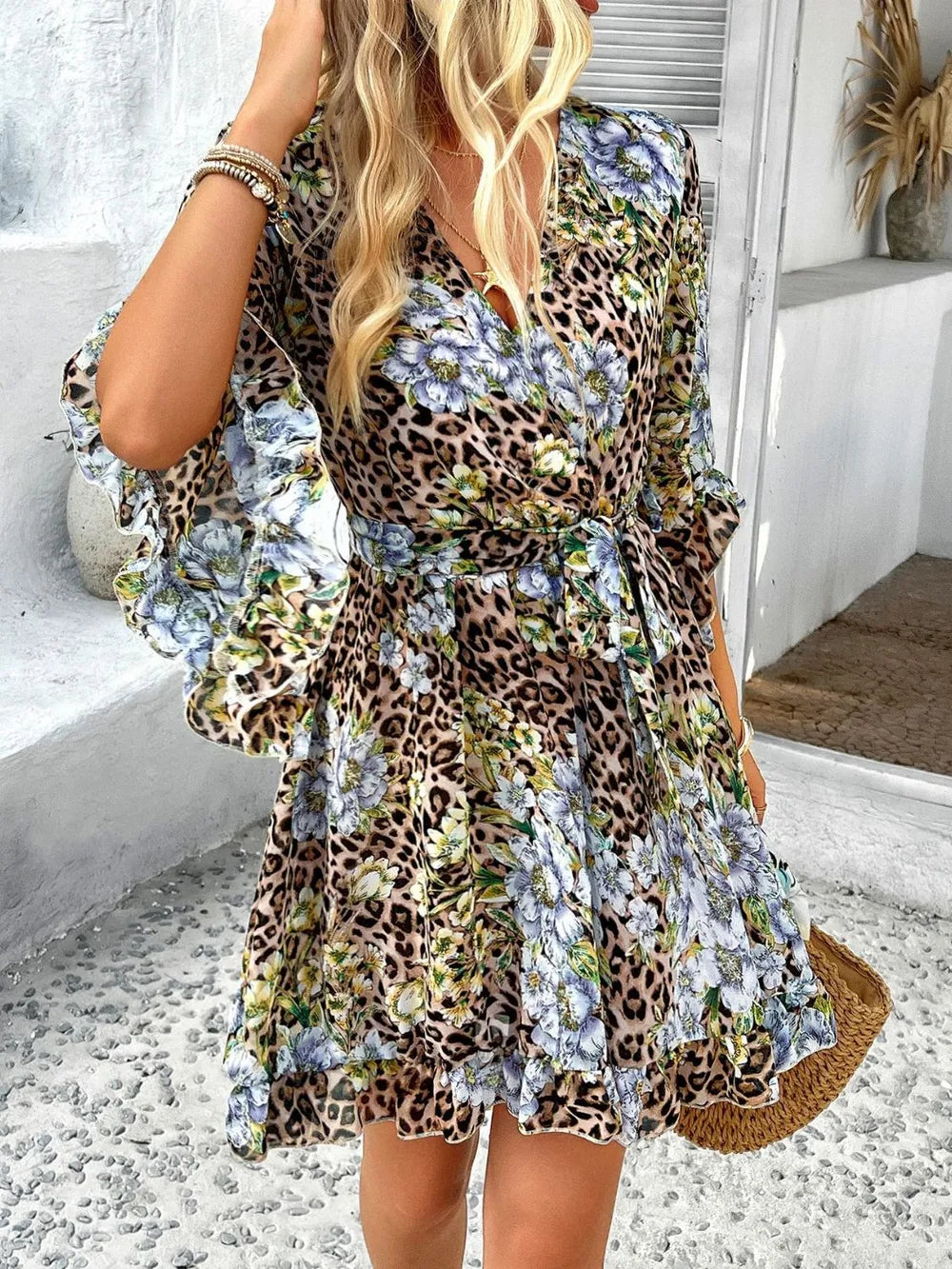 Devine Printed Surplice Ruffled 3/4 Sleeve Mini Dress – Trendsi | ClozArt