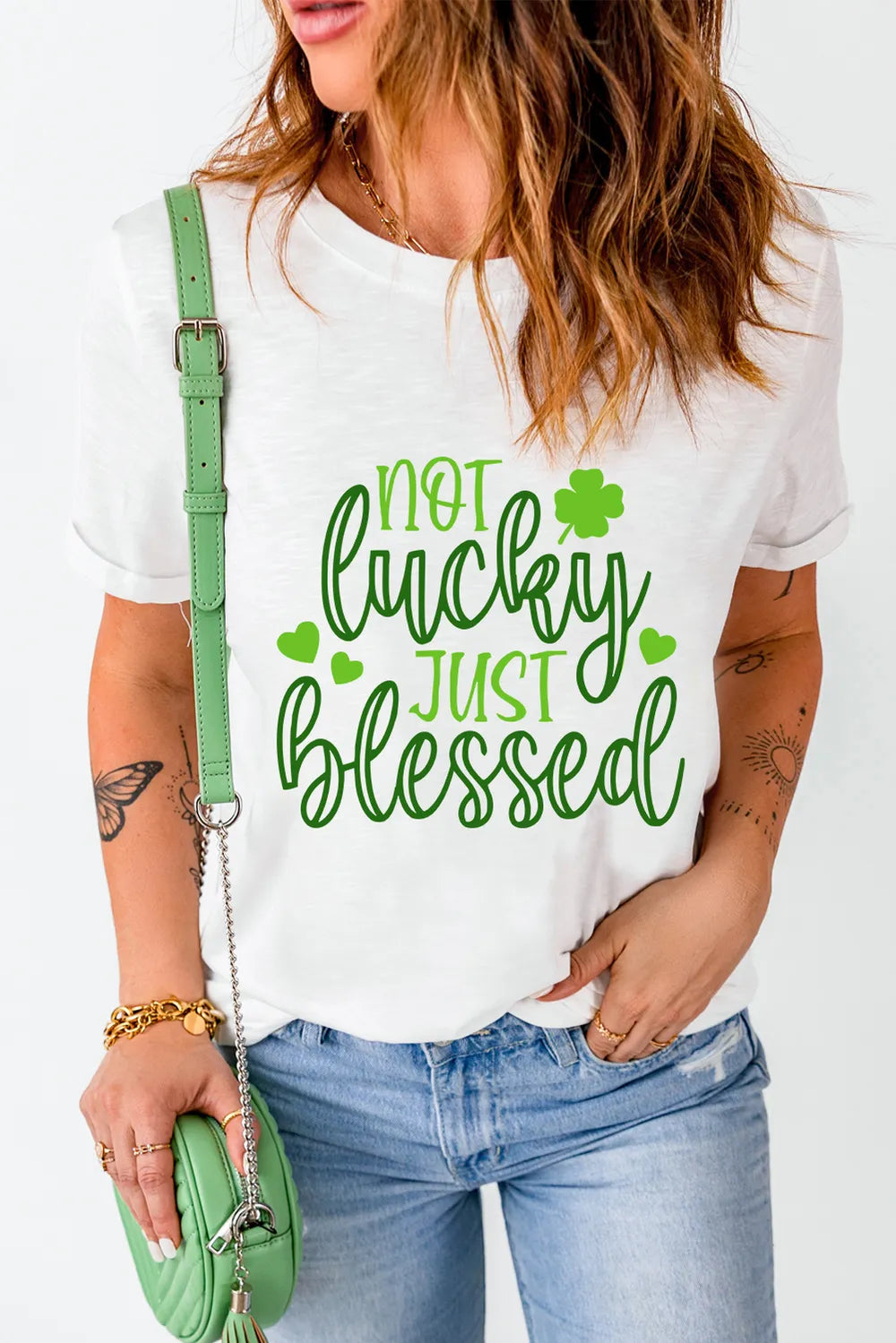 NOT LUCKY JUST BLESSED Round Neck T-Shirt – Trendsi | ClozArt