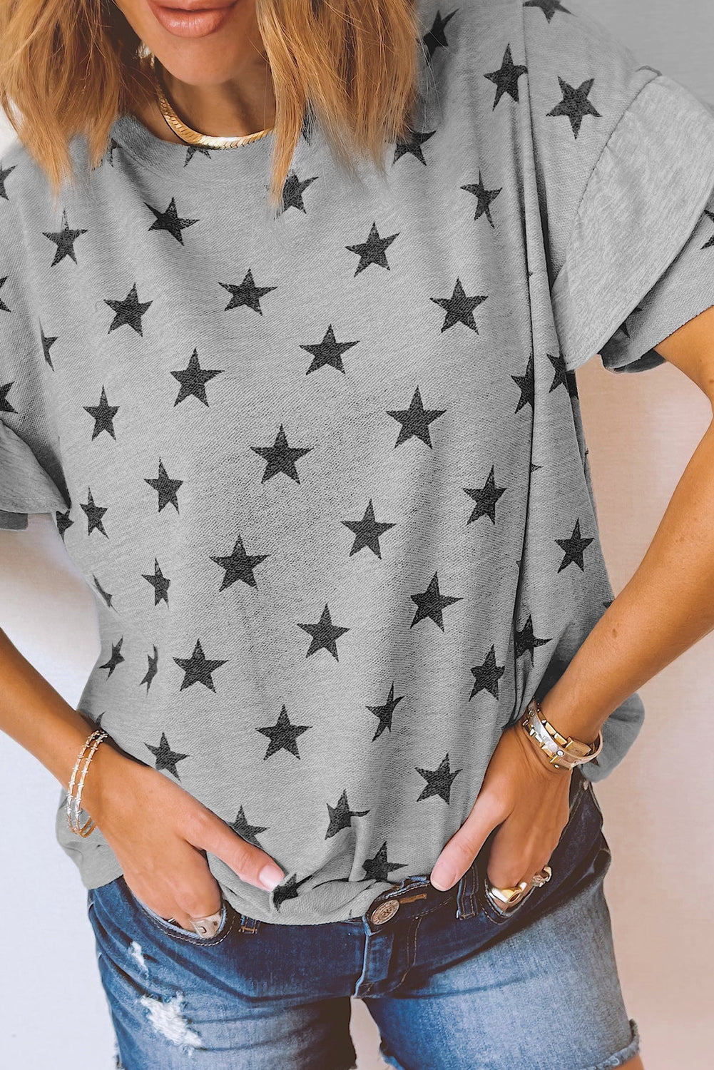 Gray Star Print Tiered Ruffle Sleeve Crew Neck T Shirt – Shewin | ClozArt