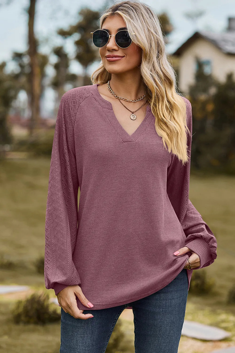 Eyelet Notched Raglan Sleeve T-Shirt – Trendsi | ClozArt