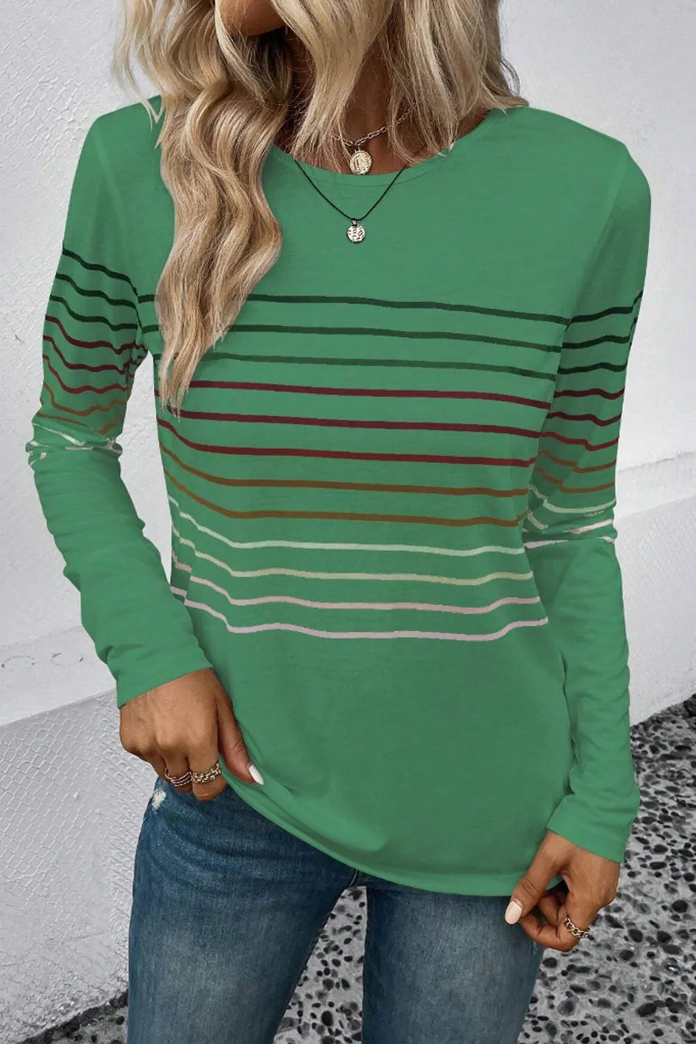 Striped Round Neck Long Sleeve T-Shirt – Trendsi | ClozArt