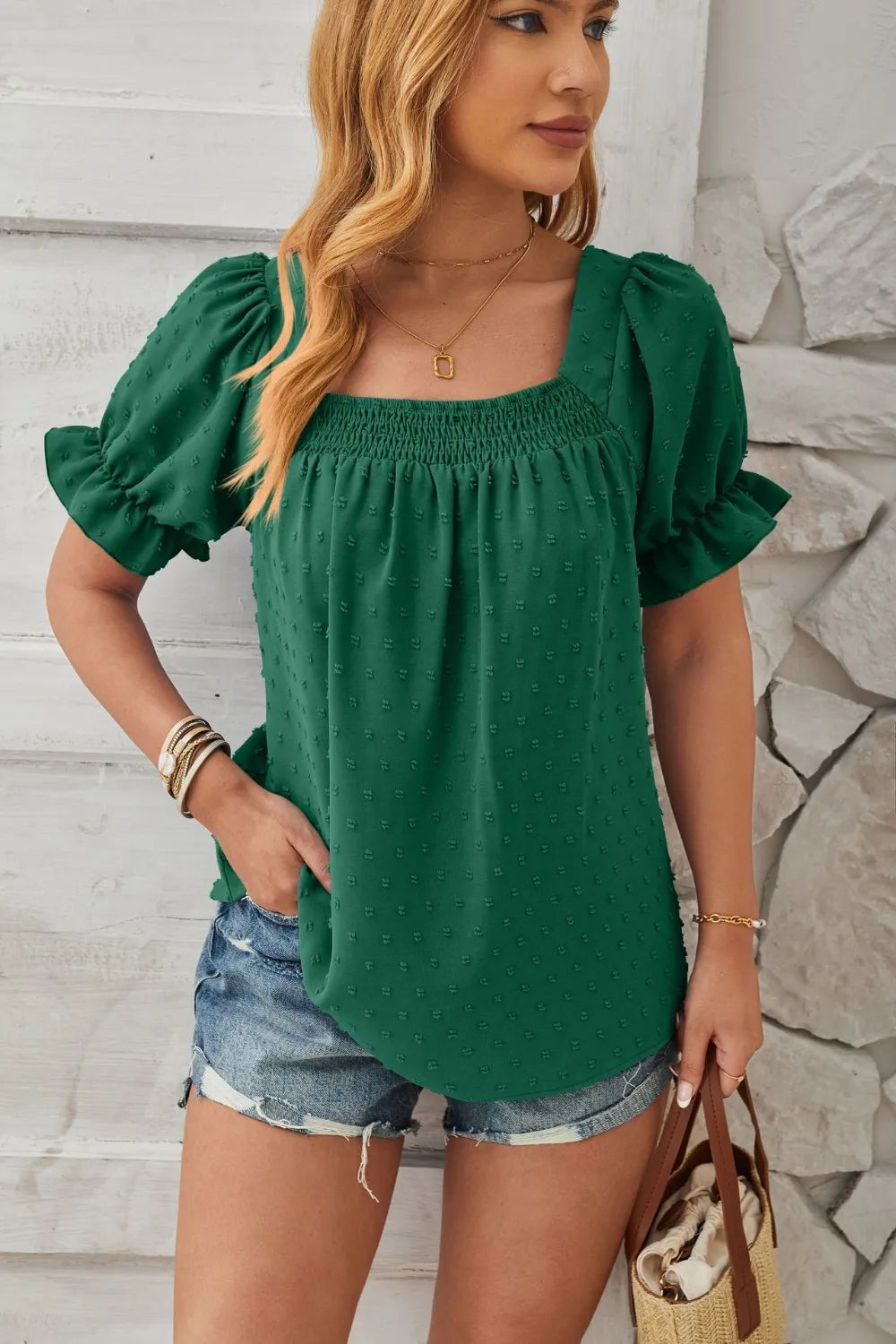 Swiss Dot Smocked Square Neck Short Sleeve T-Shirt – Trendsi | ClozArt