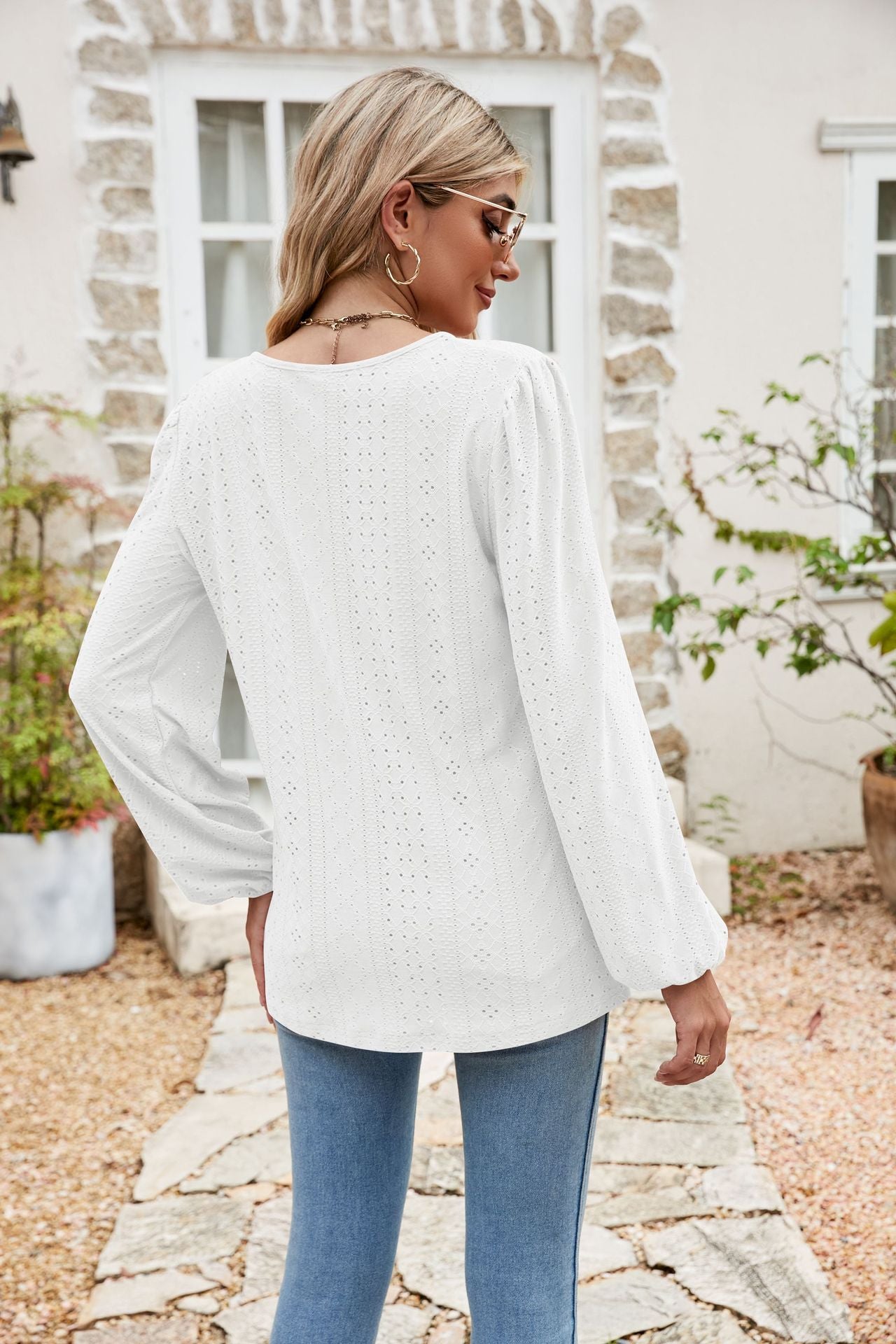 Eyelet Notched Neck Balloon Sleeve Blouse – Trendsi | ClozArt